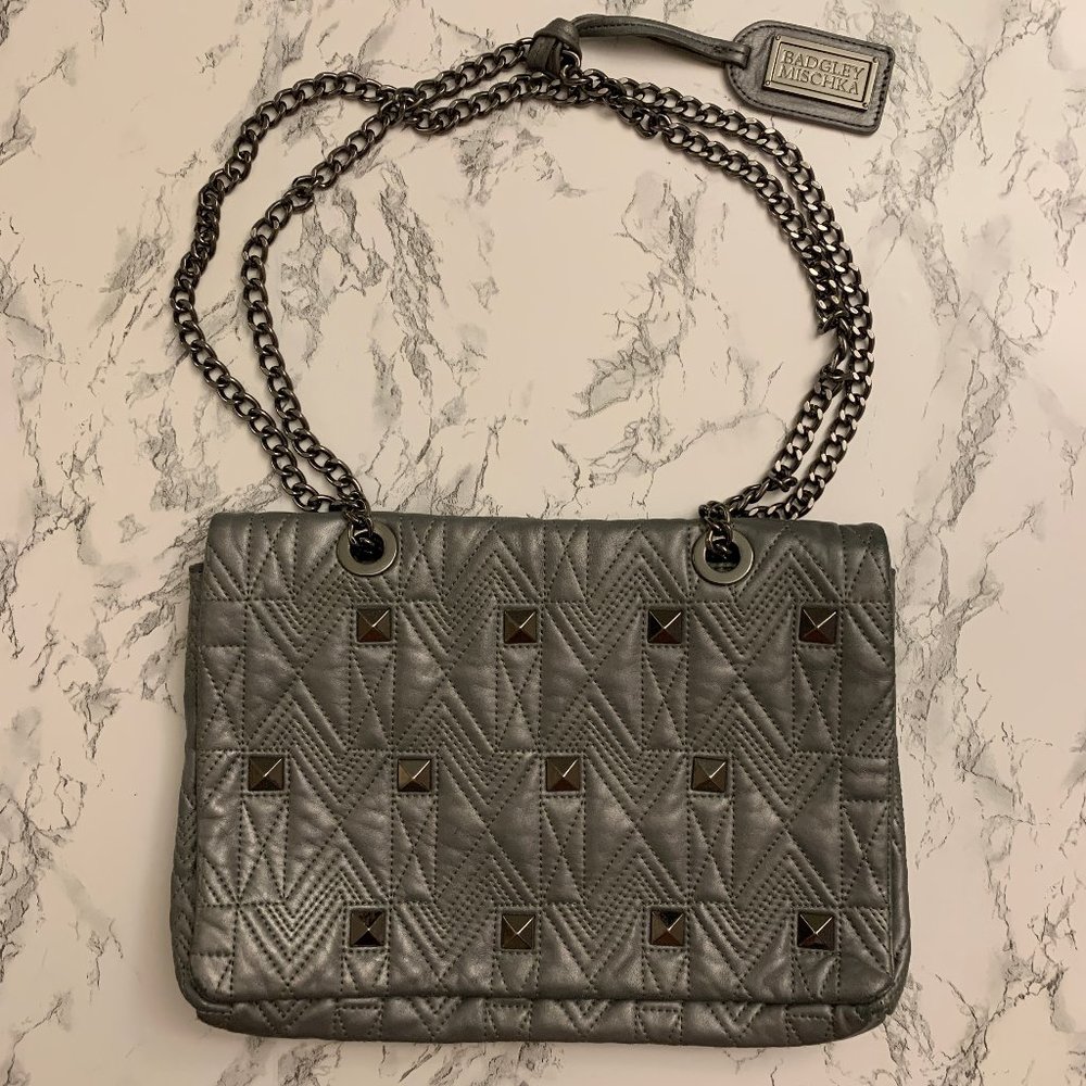 Badgley Mischka Gray Studded Clutch Shoulder Bag